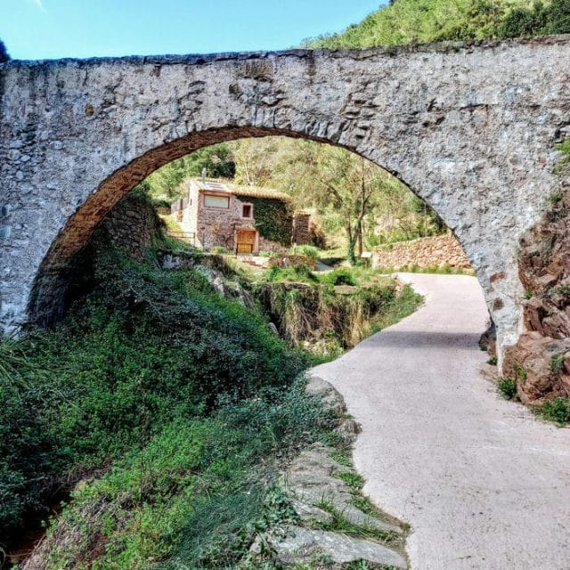 puente de arco junto al rio y la fuente del molino